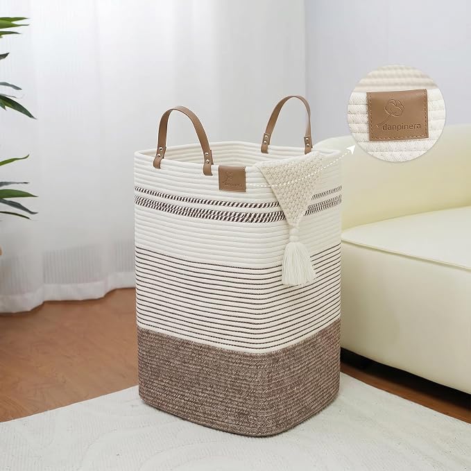 danpinera 100L Nursery Hamper, Tall Woven Laundry Basket with Long Leather Handles, Boho Laundry Hamper for Living Room, Eco-friendly & Convenient Decorative Storage Basket, White & Dark Brown