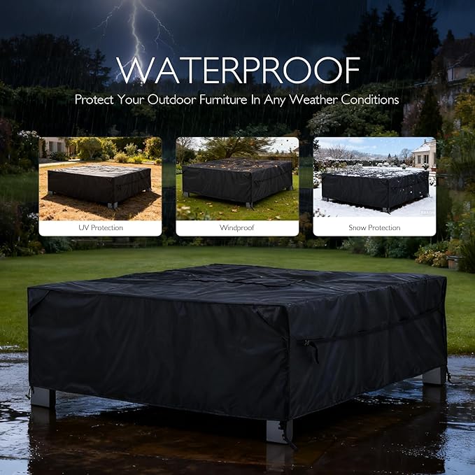 Patio Furniture Covers Waterproof - 420D Outdoor Table and Chair Set Cover with Built-in Storage Bag - Rectangular Patio Table Cover for 8-Seat Dining Set or Sectional Sofa - Black