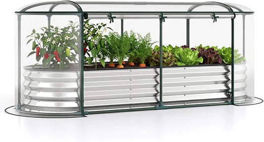 Giantex Raised Garden Bed w/Greenhouse Cover, Outdoor Oval Metal Steel Planter Box w/Roll-up Window, Clear PVC Mini Greenhouse for Vegetables Flowers Herbs Outdoor Patio Gardening, 6x2x1 FT (Silver)