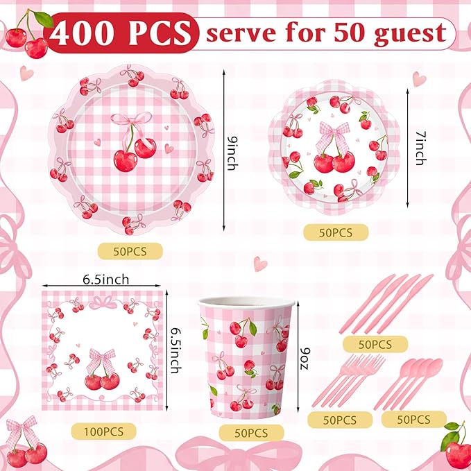Funnymoom 400 Pcs Cherry Bow Birthday Party Supplies for 50 Guests Bow Cherry Paper Plates and Napkins Knives Spoon Fork Cup Disposable Coquette Birthday Dinner Sets for Bachelorette Party