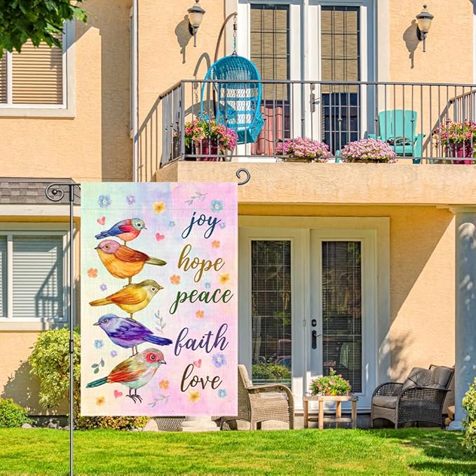 Joy Hope Peace Faith Love Garden Flags for Outside, Funny Birds Spring Yard Sign, Christian Catholic Outdoor Lawn Porch Banner, Kindness Peace Equality Bible Verse Yard Décor