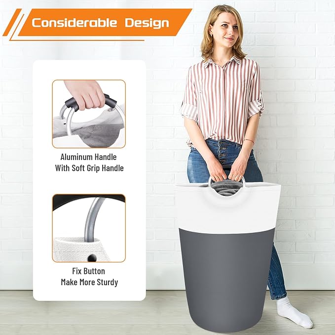BlissTotes Laundry Basket, Laundry Hamper, Collapsible Laundry Baskets, Dirty Clothes Hamper, Waterproof Laundry Basket with Foam Protected Aluminum Handles for College Dorm, Family 90L (Gray) | Collapsible Dirty Clothes Hamper, Foldable Laundry Bag fo...