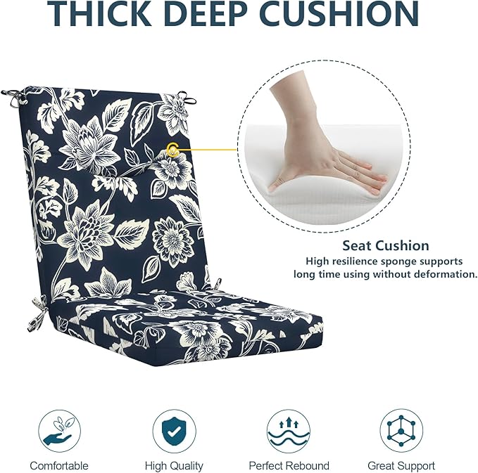 DYTXIII Outdoor High Back Chair Cushions Set of 2, 44x20 in Water Repellent Patio Seat Cushions with Elastic Sponge, All Weather Cushions for Rocking, Dining Chairs, Patio Furniture - Vines Navy