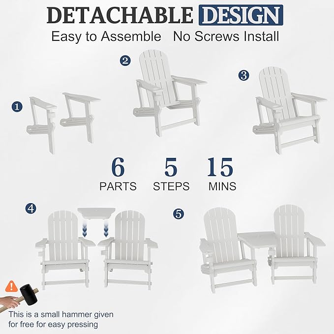 Vongrasig Adirondack Chairs Set of 2 with Removable Tabletop, Outdoor HDPE Plastic Fire Pit Chair Set with Wooden Textured, Cup Holder for Patio, Poolside, Deck, Garden, White, 3 Pieces