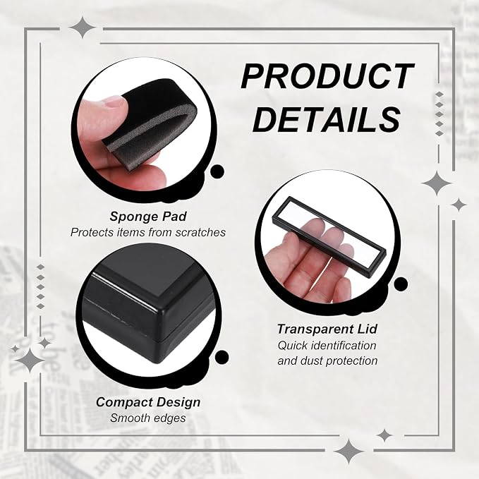 MECCANIXITY 6Pcs Gemstone Display Box, 1.1x4x0.8inch Acrylic Small Diamond Cases Square Jewelry Boxes Container with Sponge Cushions Clear Lids for Gems Coins Ring Crystal, White and Black