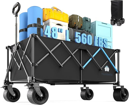 Homebetta XL Collapsible Wagon Cart，48" Heavy Duty Collapsible Utility Wagon with All-Terrain Big Wheels, 560LBS Folding Wagon for Garden, Moving,Glamping, Beach, Gift