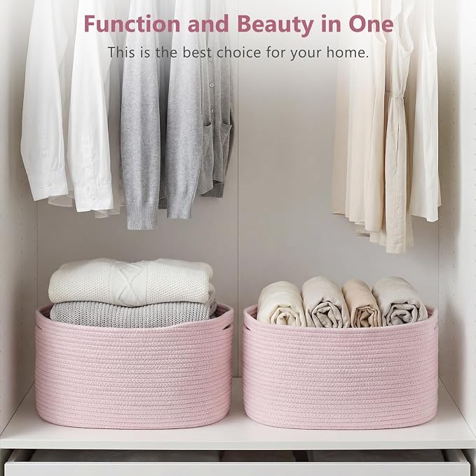 ECDYQXVU 15x10x9 Inch Woven Cotton Rope Storage Basket, 3 Pack | Foldable Design, Built-in Handles, Space-saving Organizer for Living Room, Bedroom, Laundry, Shelves, Clothes, Towels