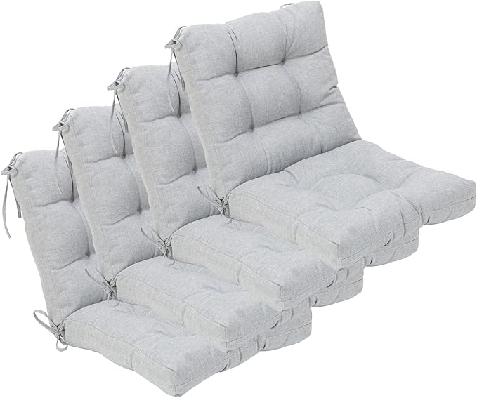 QILLOWAY Outdoor Chair Cushion for Patio Furniture, Waterproof Patio Cushions Set of 4 with Ties, Fade Resistant Replacement Pads for Outdoor Rocking Chairs,Silver,Grey