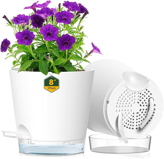 Meowell 8 inch Self Watering Pots for Indoor Outdoor Plants, 2 Pack Flower Plant Pots with Drainage Holes & Clear Reservoir for Visible Water Level, Plastic Wicking Planters for House Plants, White