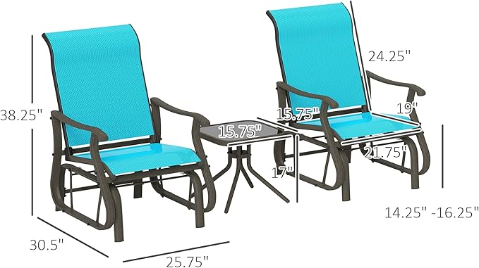 Outsunny 3-Piece Outdoor Gliders Set Bistro Set with Steel Frame, Tempered Glass Top Table for Patio, Garden, Backyard, Lawn, Bright Blue