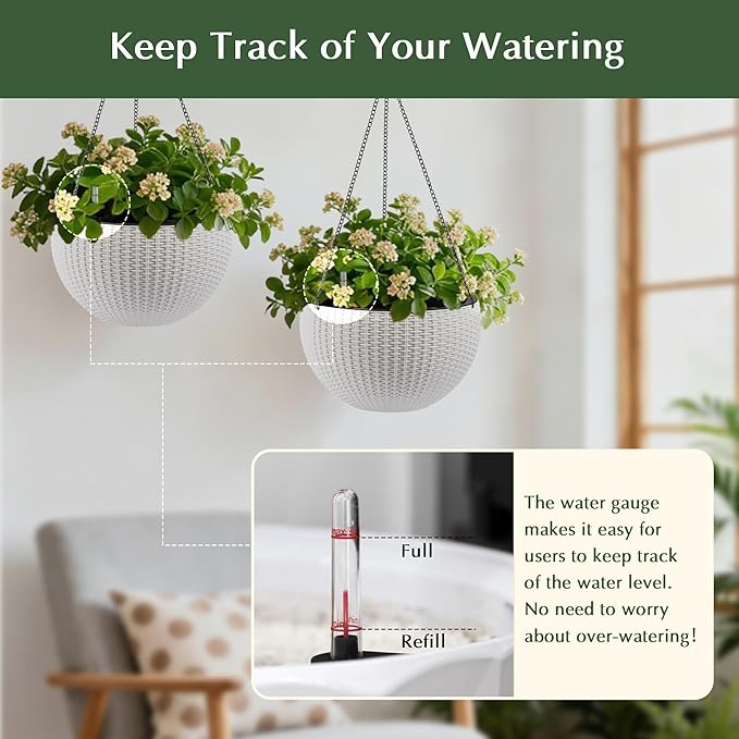 13.5 inch 2Pack Large Hanging Planters for Outdoor/Indoor Plants, Self Watering Hanging Pot with Water Level Indicato, Drainage Holes and Chain for Garden Porch, White