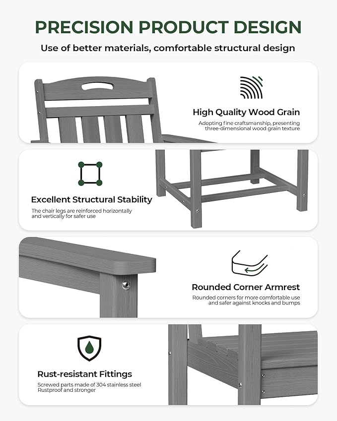 Patio Chairs, HDPE Outdoor Dining Chairs with Wide Seat, All Weather Oversized Porch Chair for Garden, Backyard, Deck - Grey