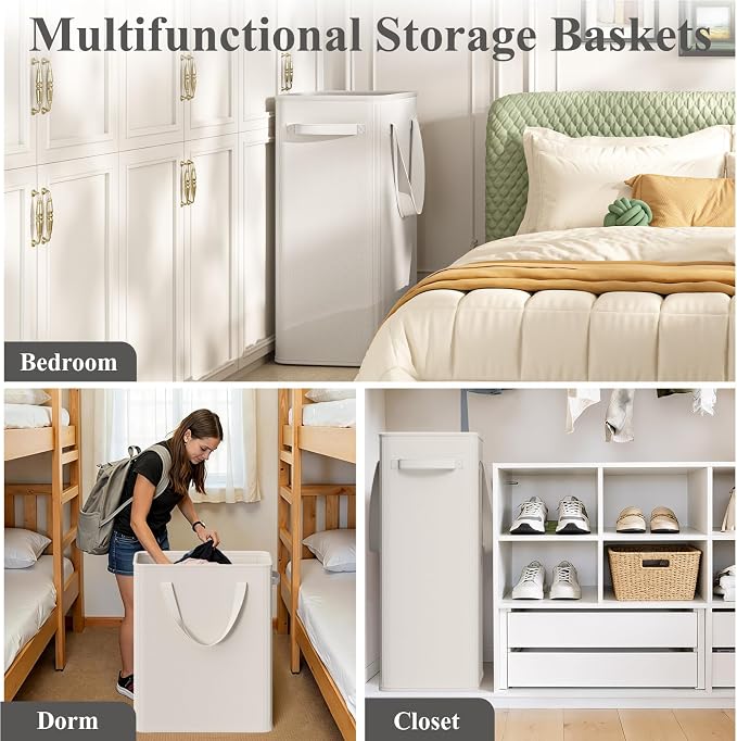 Optish 90L Slim Laundry Hamper, Baby Hamper for Nursery with Handles, Large Laundry Basket for Dorm, Bedroom, Living Room, Collapsible Laundry Basket, White