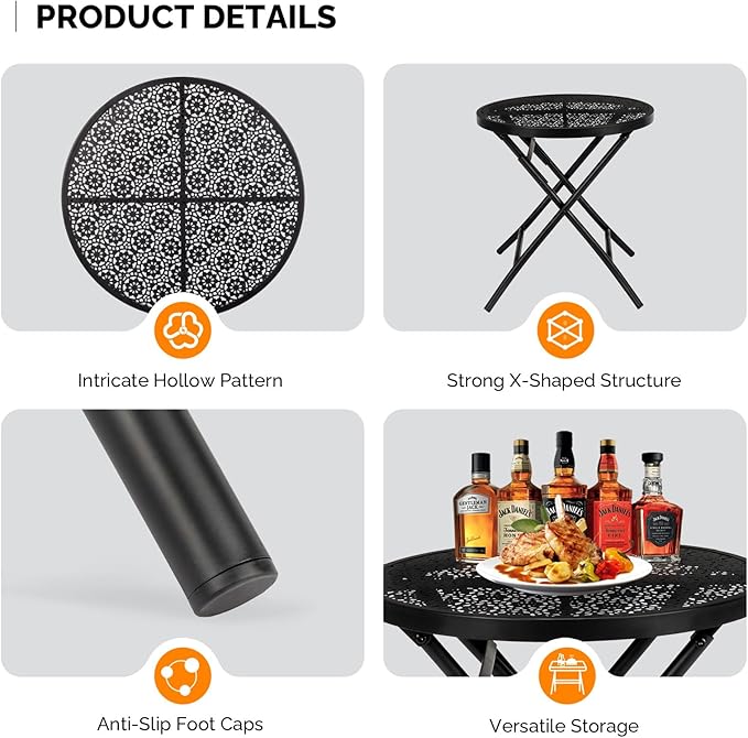 VINGLI Outdoor Folding Side Table with Chic Hollow Pattern and Durable, Rust-Resistant Coated Iron Patio Bistro Table Suitable for Indoor & Outdoor Porch, Deck, Balcony and Pool,Black