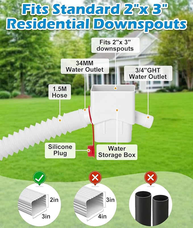 Downspout Diverter, WADEO Rain Barrel Diverter Fits for 2"x 3" Standard Downspout, Rainwater Collection System with Two Water Outlets to Collect Rainwater from Gutter, with 5FT Hose