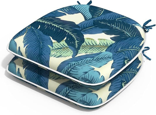 Outdoor Chair Cushions Set of 2, Water Resistant Patio Chair Pads with Ties, Seat Cushions for Home Garden Furniture Decoration, 16"x17", Swaying Palms Blue