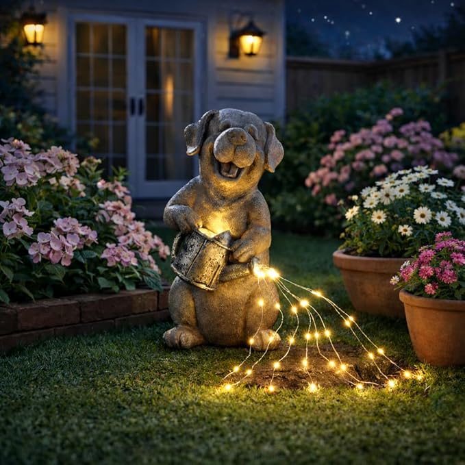 Lavezee Dog Statues Outdoor with String Lights for Garden Decor, Puppy Dog Statue for Patio Lawn Porch Walkway Yard Decoration, Ideal Gifts for Dog Lovers Women Mom Grandma