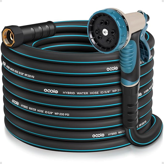 Heavy Duty Garden Hose 50 ft, NON-EXPANDABLE Water Hose with 10 Function Spray Nozzle, Lightweight Kink-less Hybrid Hose with Swivel Handle, Male to Female Fittings
