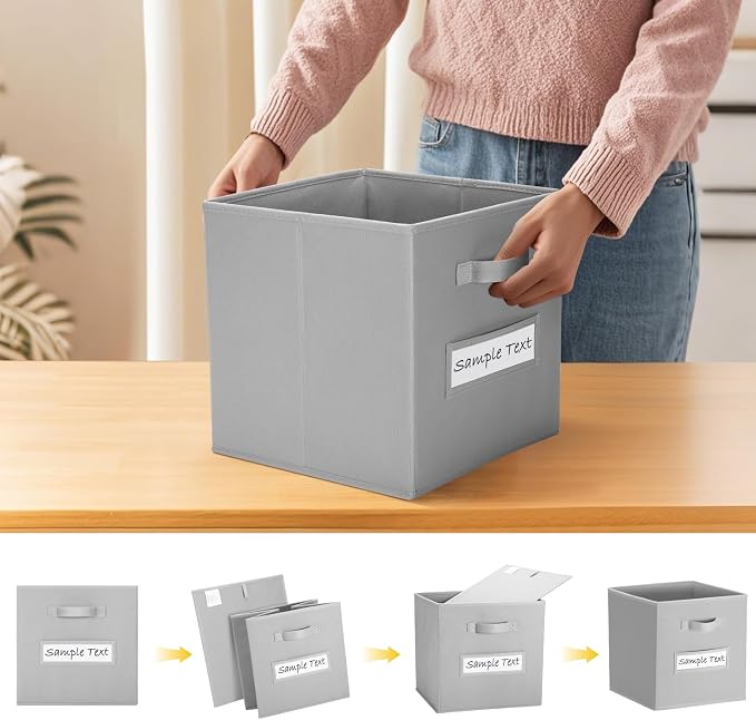 Fabric storage cubes (8 Pack) 13 Inch Cube Storage Bin, cube organizer bins with 8 Labels Window Cards & a Pen, Foldable cube organizer bins and Storage Box, Light Grey