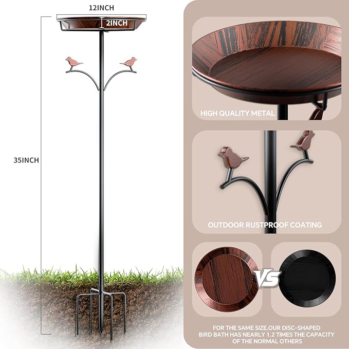 Metal Bird Bath for Outside, 35in Vintage Bird Bath Bowl, Removable 12in Dia Bird Bath Bowl with 5 Prong Stake, Easy to Clean Bird Bath for Garden Yard Lawn Decor(Antique Bronze)