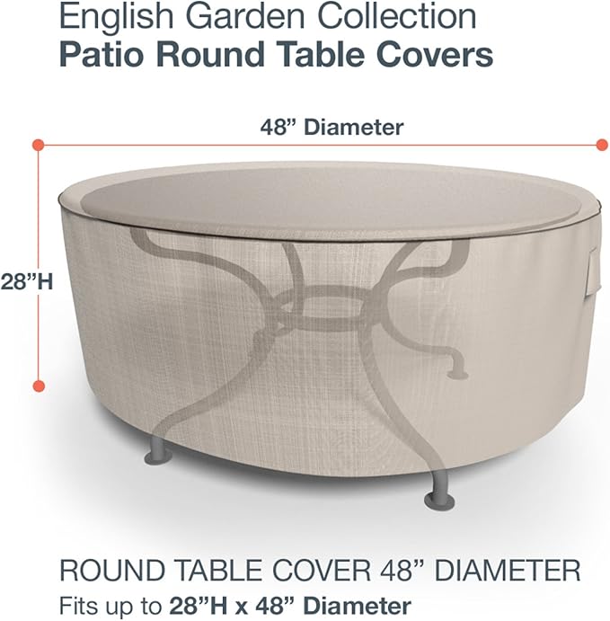 Budge English Garden Round Patio Table Cover, Waterproof & UV-Resistant Outdoor Furniture Cover, Fits Medium Tables up to 48" Diameter x 28" H, Tan Tweed