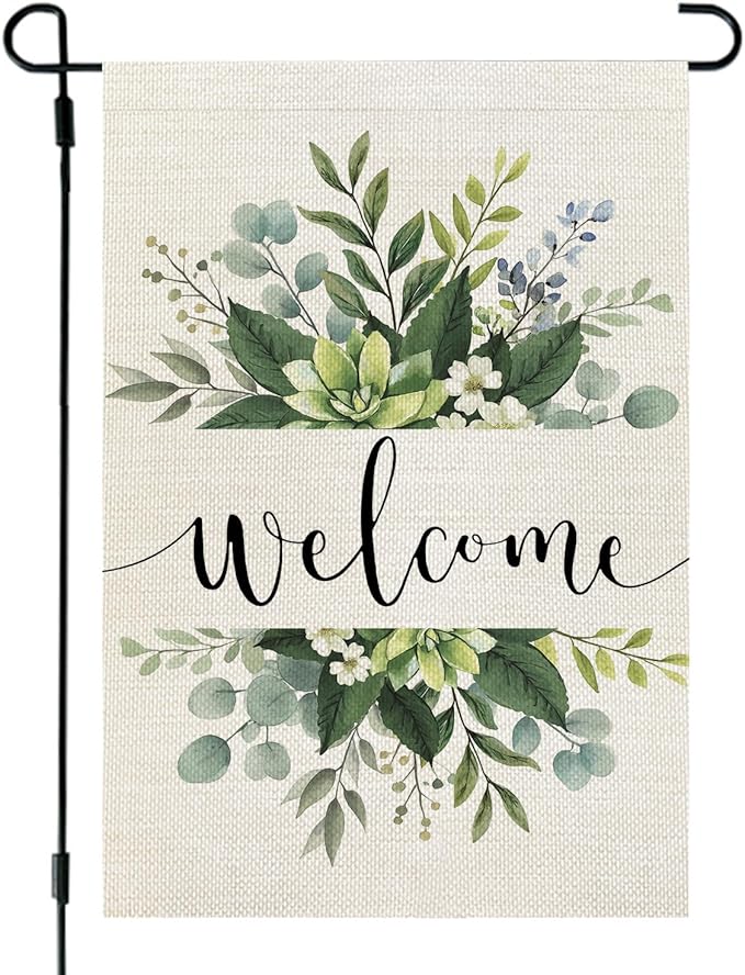 CROWNED BEAUTY Spring Floral Welcome Garden Flag 12×18 Inch Double Sided for Outside Eucalyptus Small Burlap Seasonal Yard Flag