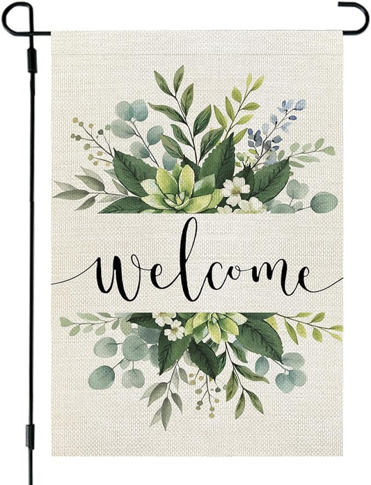 CROWNED BEAUTY Spring Floral Welcome Garden Flag 12×18 Inch Double Sided for Outside Eucalyptus Small Burlap Seasonal Yard Flag