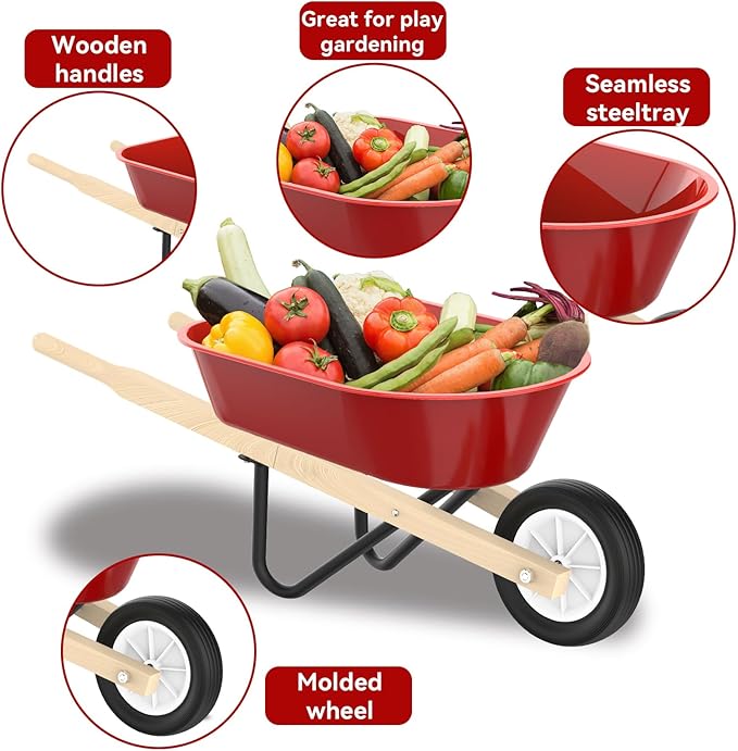 Qtioucp Kids Gardening Wheelbarrow Set, Metal & Wooden Garden Tools for Kids Ages 3-8, Real Wheelbarrows with Apron, Gloves & STEM Guide, Outdoor Backyard Garden Toy Gift (Wheelbarrow Garden Set)