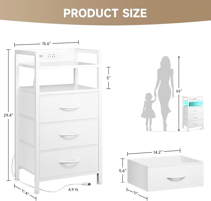 Lazzanto Nightstand with Rear Charging Station, LED Light, 3 Drawers, White