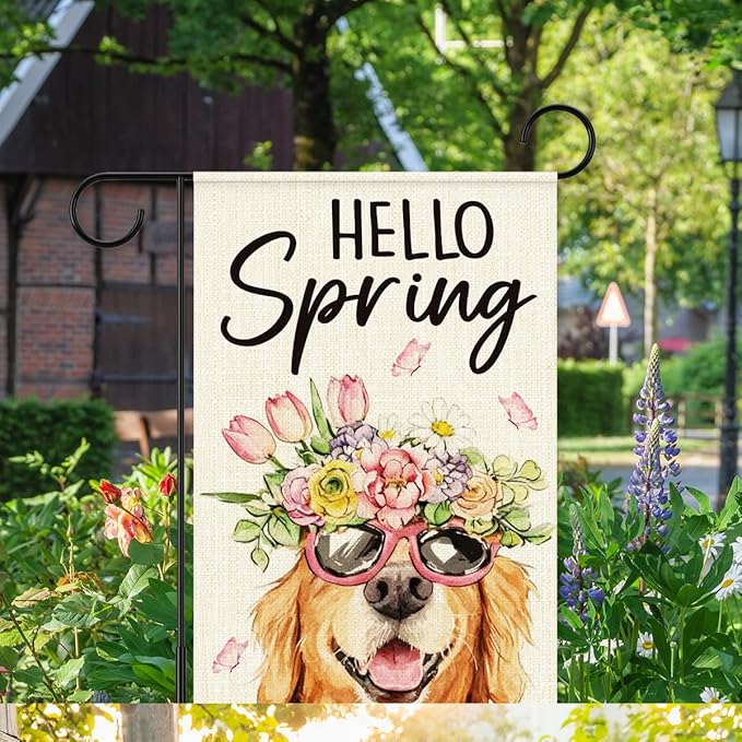 Hello Spring Flags for Outside,Golden Retriever Garden Flag for Yard Patio Lawn Decoration,12x18 Inch Double Sided