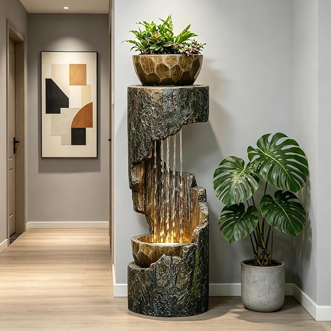 Sunlinua Outdoor Water Fountain with LED Light, Modern Spiral Tiered Outdoor Fountain with Stone Planter Curved Freestanding Waterfall Fountains for Garden Patio Deck Porch