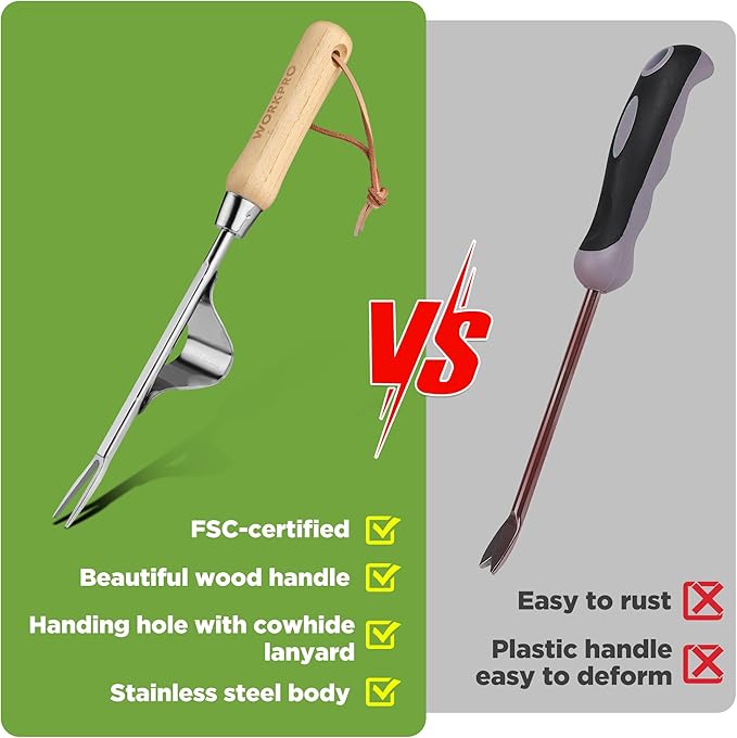 WORKPRO Weed Puller Tool, Metal Leverage Base and V-Shaped Forks for Easy Weed Removal & Deeper Root Digging, Heavy Duty Stainless Steel with Wood Handle, Manual Hand Weeder for Gardening