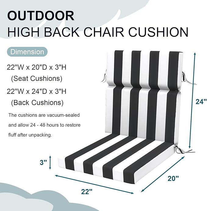 DYTXIII Outdoor High Back Chair Cushions Set of 2, 44"x22" Water Repellent Patio Seat Cushions with Elastic Sponge, All Weather Chair Pads for Rocking, Dining Chairs, Patio Furniture - Cabana Black
