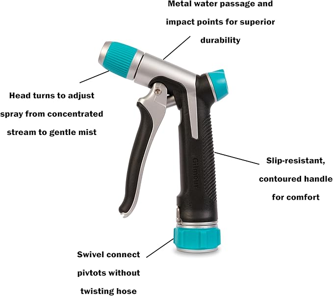 Gilmour Heavy Duty Front Control Garden Hose Nozzle with Adjustable Spray Pattern, Water Hose Nozzle for Watering Garden or Lawn