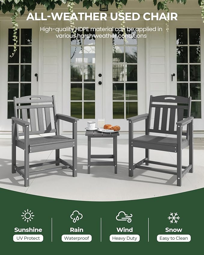 Patio Chairs, HDPE Outdoor Dining Chairs with Wide Seat, All Weather Oversized Porch Chair for Garden, Backyard, Deck - Grey