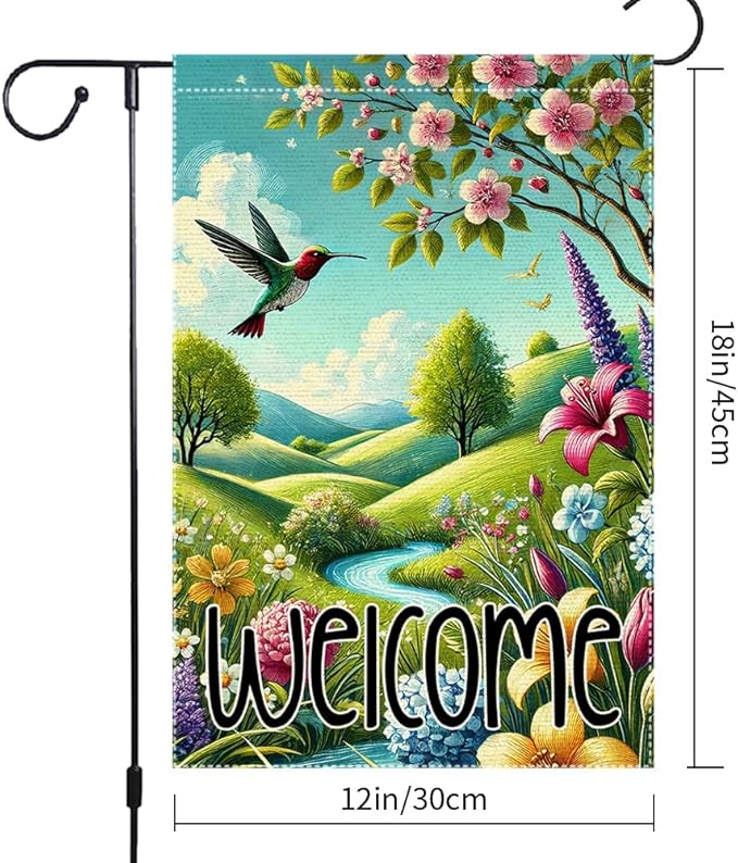 Hummingbird Spring Flowers Garden Flag 12x18 Inch Double Sided Burlap Colorful Floral Small Yard Outdoor Lawn Rustic Farmhouse Spring Decor
