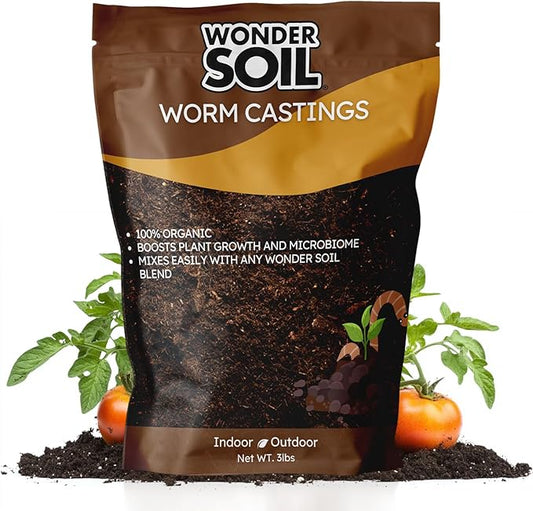 WONDER SOIL | Premium Organic Worm Castings for Plants | 3 lbs (2 Quarts) Bag Natural Soil Amendment for Indoor & Outdoor Plants, Vegetables, Flowers, Gardens | Fertilizer & Compost Enhancer | 3LBS