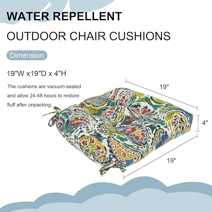 DYTXIII Set of 2 Outdoor Chair Cushions 19"x19"x4", Water Repellent Tufted Patio Seat Cushions with Ties, Thick Replacement Pads for Wicker Dining Chairs, Patio Furniture, Paisley Paradise