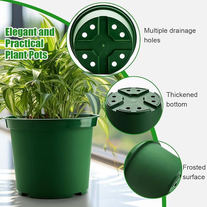 5 Gallon 12 Inch Plastic Nursery Pots, Plant Containers with Drainage Holes, Round Sturdy Garden Planters for Indoor/Outdoor Greenery, Gardening Gifts for Women (5-Pack, Green)