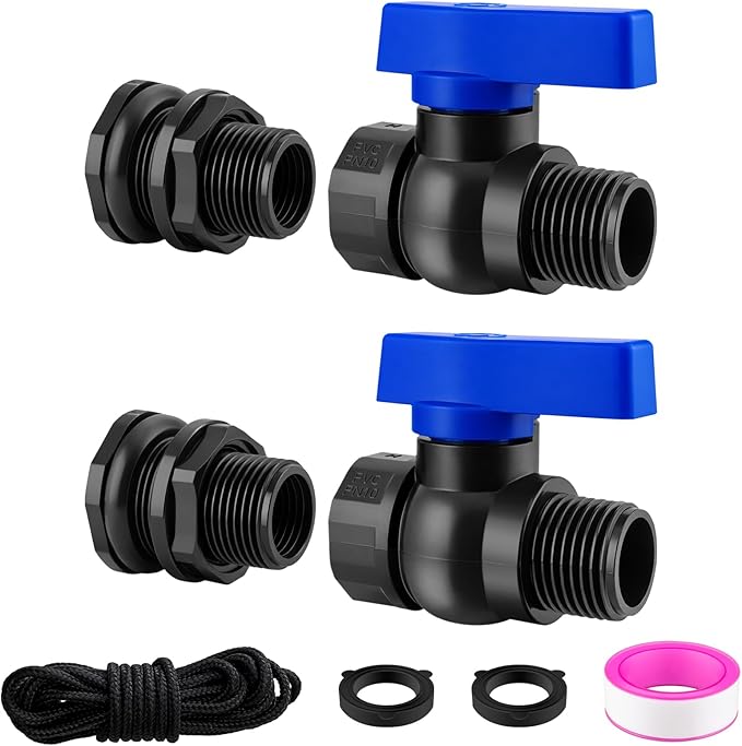 Rain Barrel Spigot Kit 2 Pack, 3/4" GHT PVC Bulkhead Fitting with Ball Valve, Garden Hose Shut Off Faucet for Rain Barrel, Water Tank, Aquarium and Garden Barrel