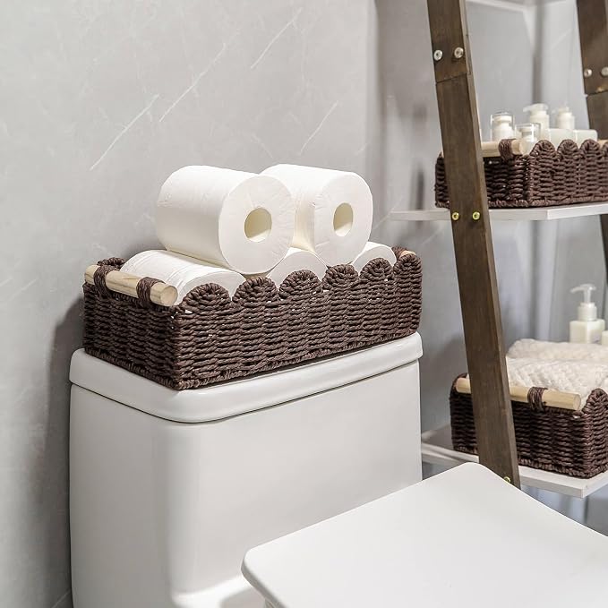 CubesLand Scalloped Toilet Paper Storage Basket for Over Toilet Shelves | Decorative Wicker Organizer Basket Perfect for Home Countertop Storage, Small Basket, Living Room Shelf Decor, Set 2 Brown