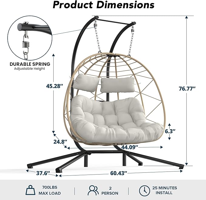 Easyego 2-Person Wicker Hanging Egg Chair with Stand- 700 lb Capacity, Indoor/Outdoor Double Egg Swing Hammock Chair for Patio, Garden, Porch, Living Room, Bedroom-Beige