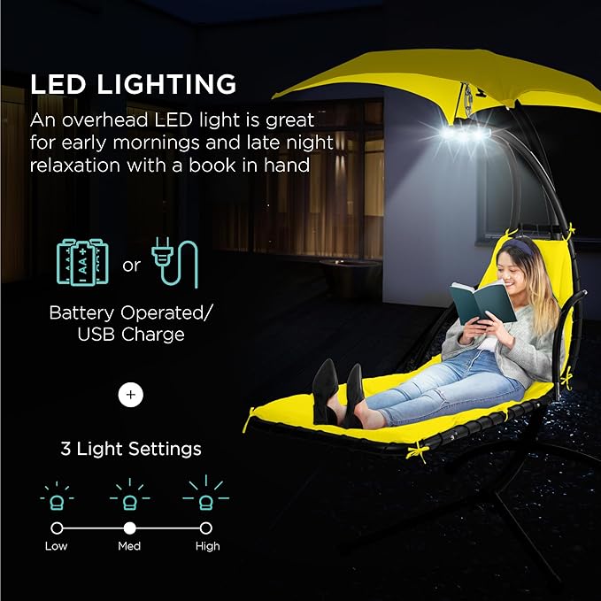 Best Choice Products Hanging LED-Lit Curved Chaise Lounge Chair Swing for Backyard, Patio, Lawn w/ 3 Light Settings, Weather-Resistant Pillow, Removable Canopy Shade, Steel Stand - Yellow