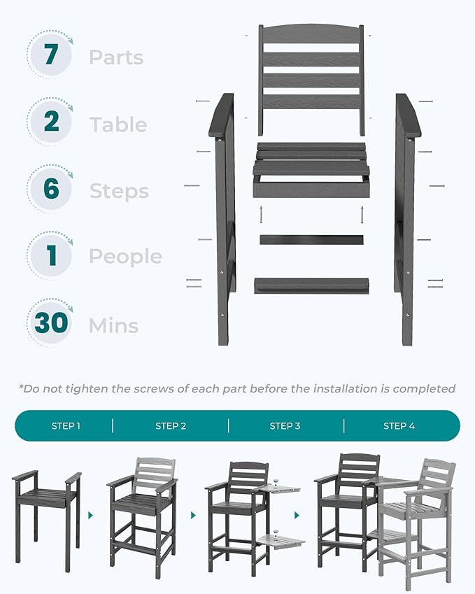 SERWALL Tall Adirondack Chairs Set of 2 with Connecting Table, Grey