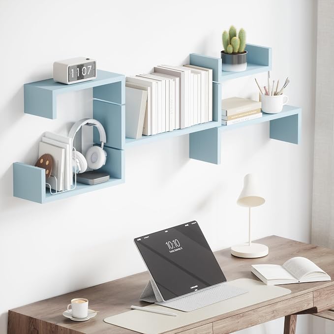 SRIWATANA Blue Floating Shelves, Set of 5 Wood Wall Mounted Display Shelf | Versatile Wood Shelves in 5 Different Sizes; Flexible DIY Layout to Fit Any Space in Bathroom, Bedroom, or Kitchen