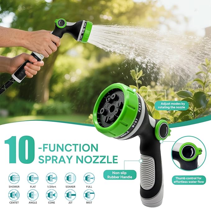 Garden Hose 50FT, Flexible Lightweight Non-Expandable Water Hose with 10 Function Nozzle,No-Kink, Leak-Proof, Burst-Resistant, High-Pressure for Yard, Outdoor