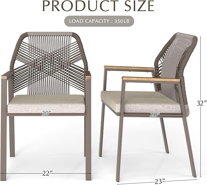 Aluminum Outdoor Patio Dining Chairs - Imitation Rope Vine Chair Ergonomic Backrest Design Detachable Seat Cushion Soft and Breathable Garden Porch Light Brown Set of 8