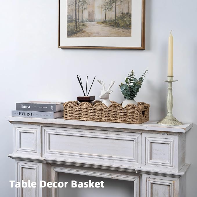 CubesLand Bathroom Basket Organizer, Toilet Decor Basket W/Cut Out Handle | Wicker Toilet Paper Storage Basket Tray, Scalloped Basket for Bathroom Countertop Decorative Also for Home Decor, Neutral