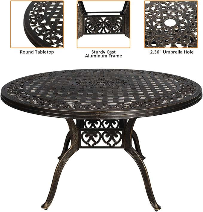 48.23" Patio Dining Table, All-Weather Cast Aluminum Table with 2.36" Umbrella Hole, Patio Furniture Table, Outdoor Dining Table for Backyard and Poolside