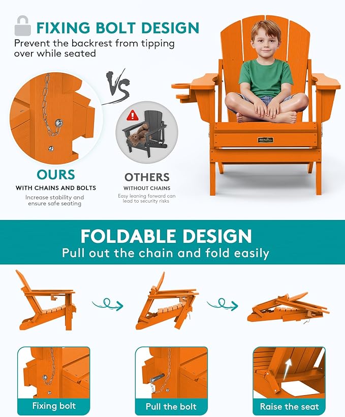SERWALL Adirondack Chair Set of 6, Weather Resistant HIPS Lawn Chairs with Cup Holder for Patio Garden Weather Resistant Outdoors Fire Pit Chairs- Orange
